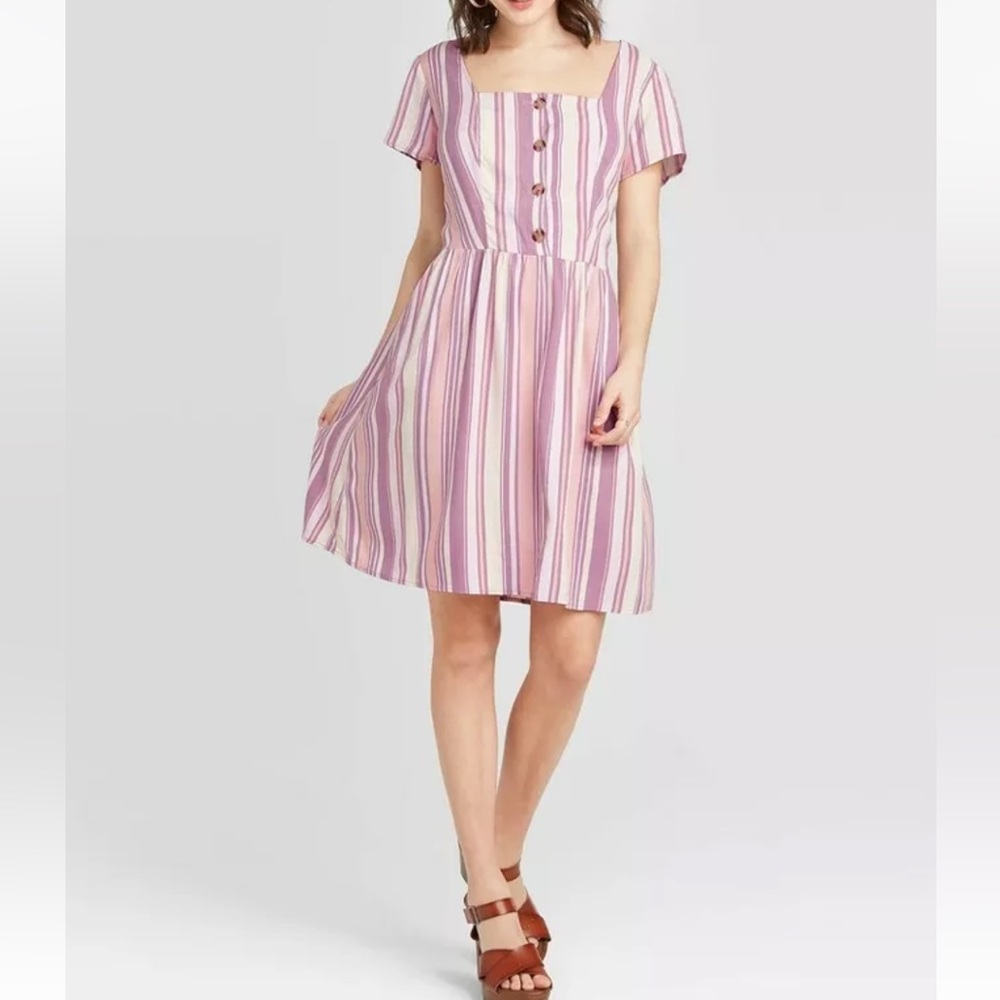 •XL• New Target Xhilaration Pink Striped Short Sleeve Button Front Dress